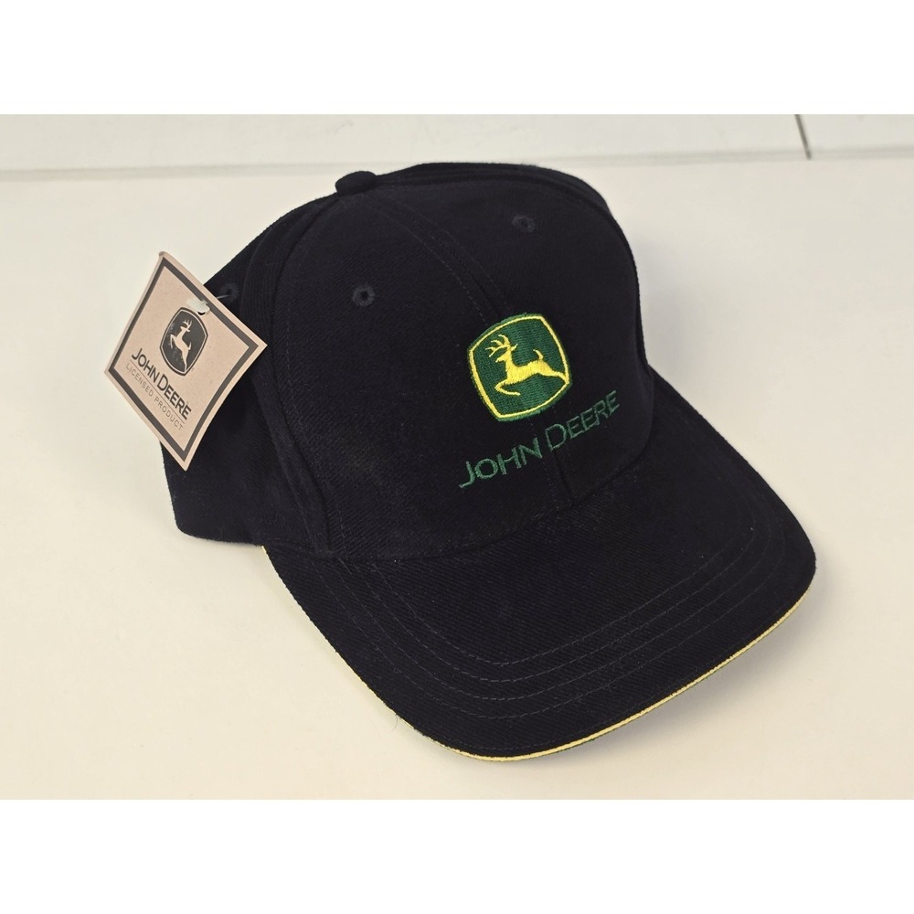 Vintage John Deere Cotton Hat Black Yellow Trim Adjustable Strap Back NWT NOS